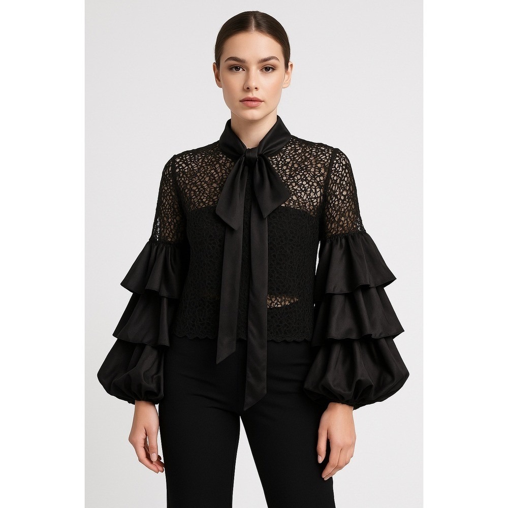 Coby Co Black Lace Blouse Top Tie Neck Ruffle Long Sleeve Elegant Party